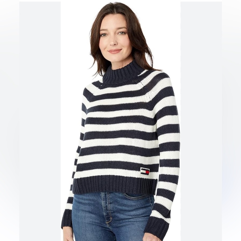 Tommy Hilfiger Navy and White Striped Turtleneck Sweater